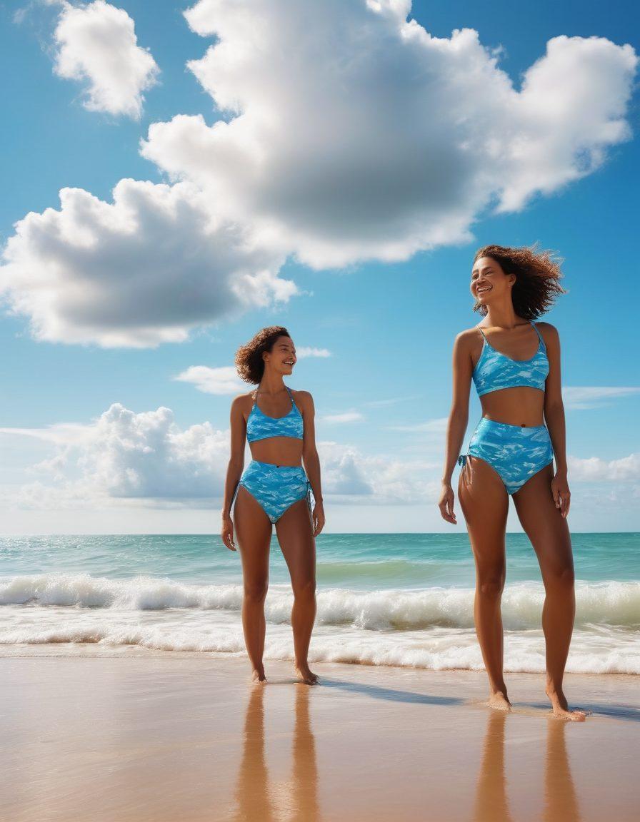 A vibrant scene on a sunlit beach showcasing diverse individuals wearing stylish two-piece beachwear, radiating joy and confidence. The background should capture a gentle ocean wave lapping at the shore, while a few playful clouds drift lazily above. Subtle hints of melancholy can appear in the form of softer, muted colors in the distant scenery, contrasting with the lively beachgoers. The overall atmosphere should evoke a sense of joy and freedom amidst a serene backdrop. super-realistic. vibrant colors. bright blue sky.