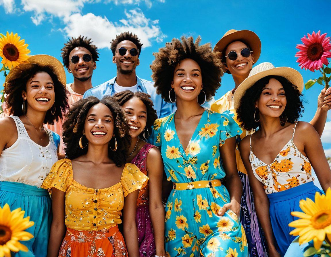 A vibrant summer scene depicting a diverse group of individuals joyfully wearing colorful summer outfits, each embodying different styles such as bohemian, chic, and casual. The background consists of a bright blue sky, blooming flowers, and sunshine flooding the scene, creating an uplifting atmosphere. The expressions on their faces should convey happiness and freedom, symbolizing the transition from melancholy to radiance. The overall composition should evoke a sense of warmth and positivity. vibrant colors. super-realistic.