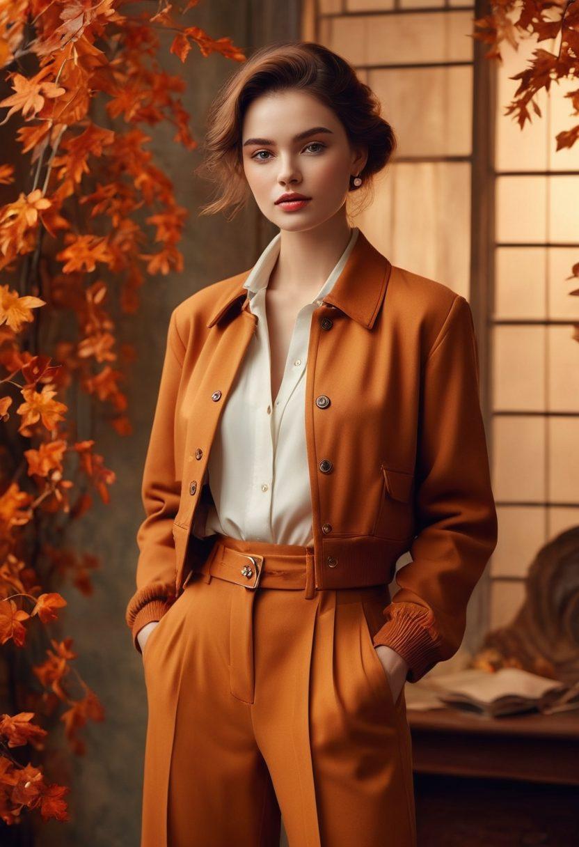 A model wearing a stylish two-piece outfit, elegantly juxtaposed against a backdrop of soft, melancholic colors. The scene captures a sense of casual elegance, with autumn leaves swirling gently around her, symbolizing fleeting beauty and the essence of sadness. The outfit should be vibrant yet muted, embodying both fashion and emotion. Include warm lighting that enhances the mood. super-realistic. vintage style. soft focus.